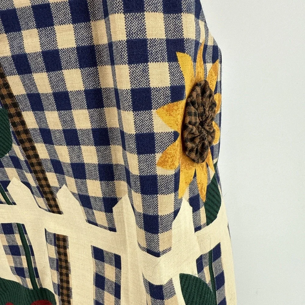 VTG Handmade Blue Gingham Sunflowers‎ Sz L Country Cottage  Novelty Shabby 80s